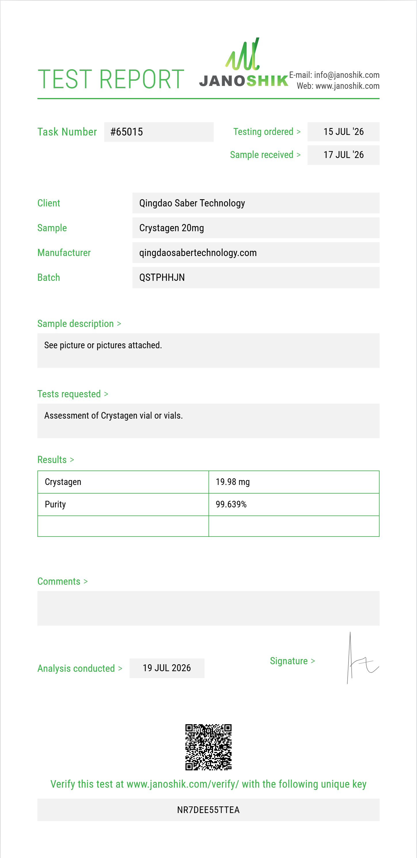 Crystagen Purity (HPLC) report by Janoshik Analytical