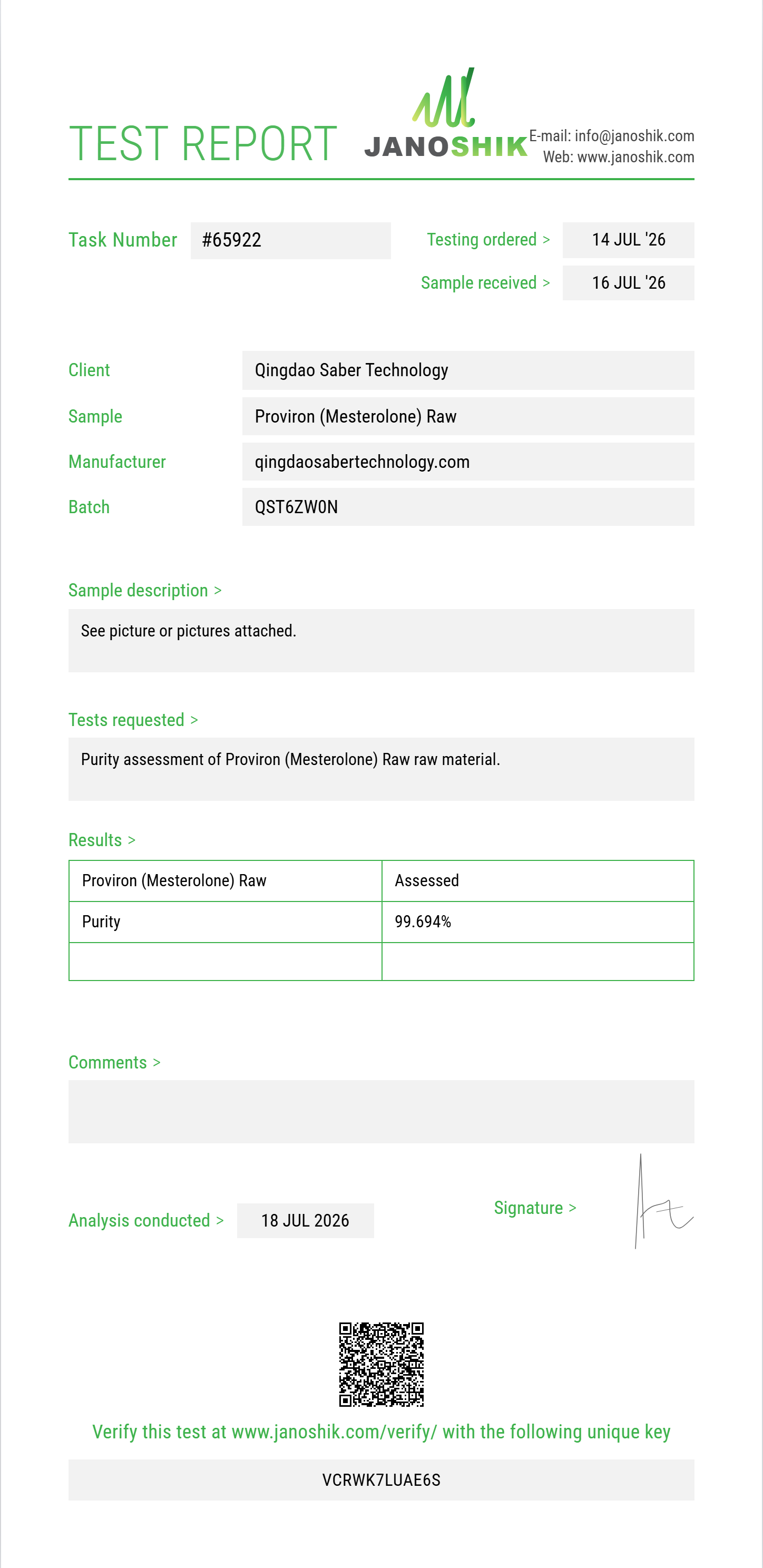 Proviron (Mesterolone) Raw Purity (HPLC) report by Janoshik Analytical