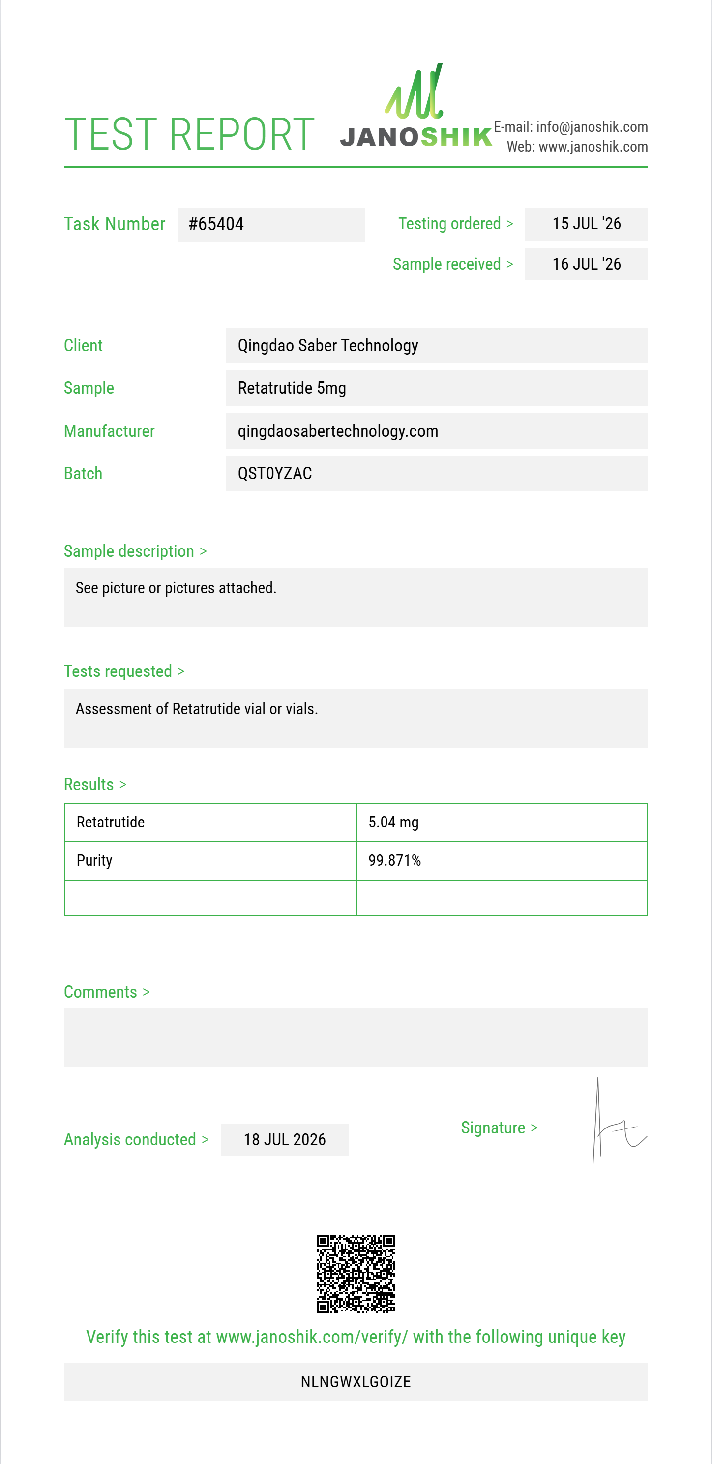 Retatrutide Purity (HPLC) report by Janoshik Analytical