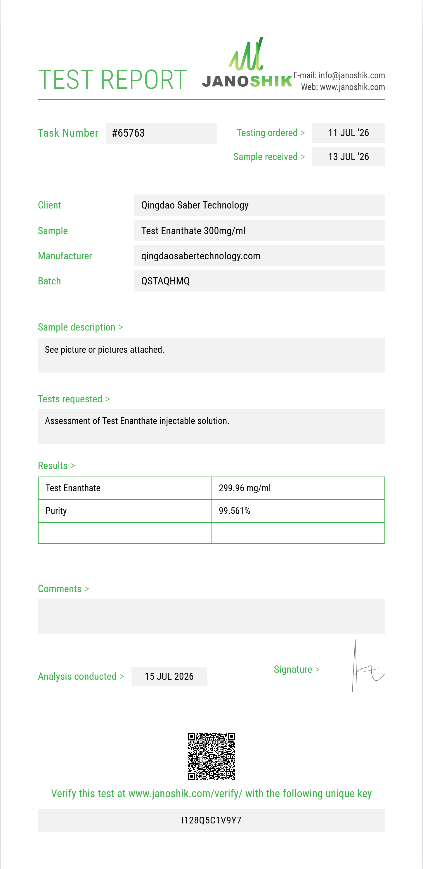 Test Enanthate Purity (HPLC) report by Janoshik Analytical