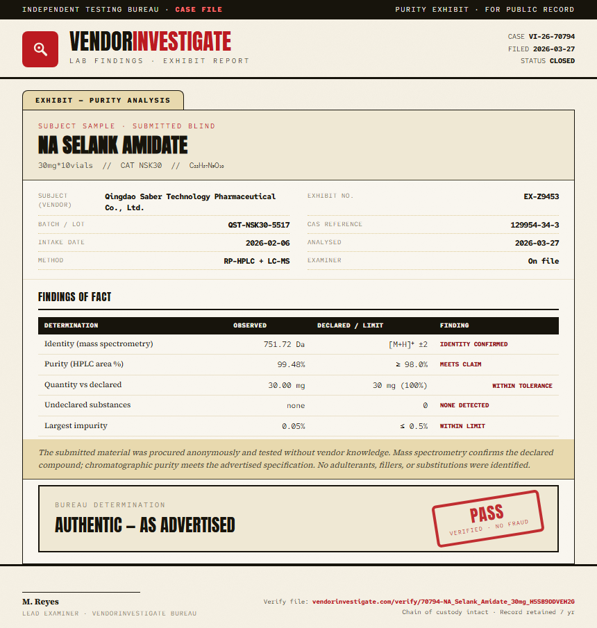 NA Selank Amidate Purity (HPLC) report by VendorInvestigate